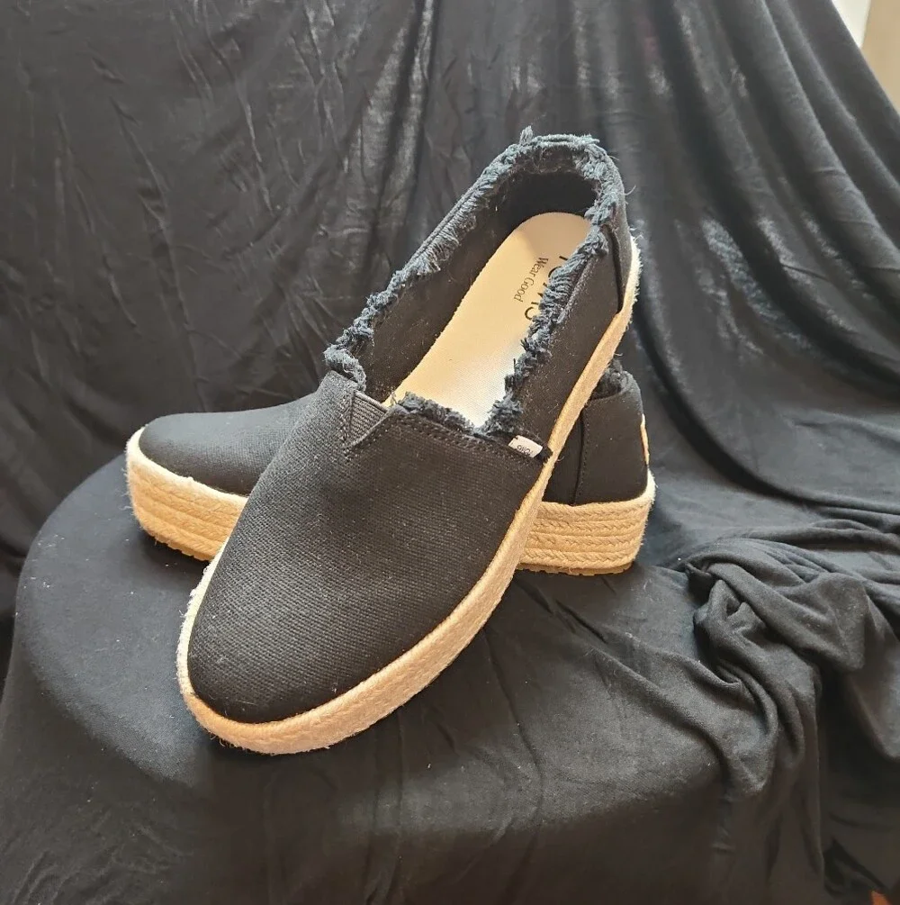 Toms Black Canvas Espadrille Platform Slip-Ons